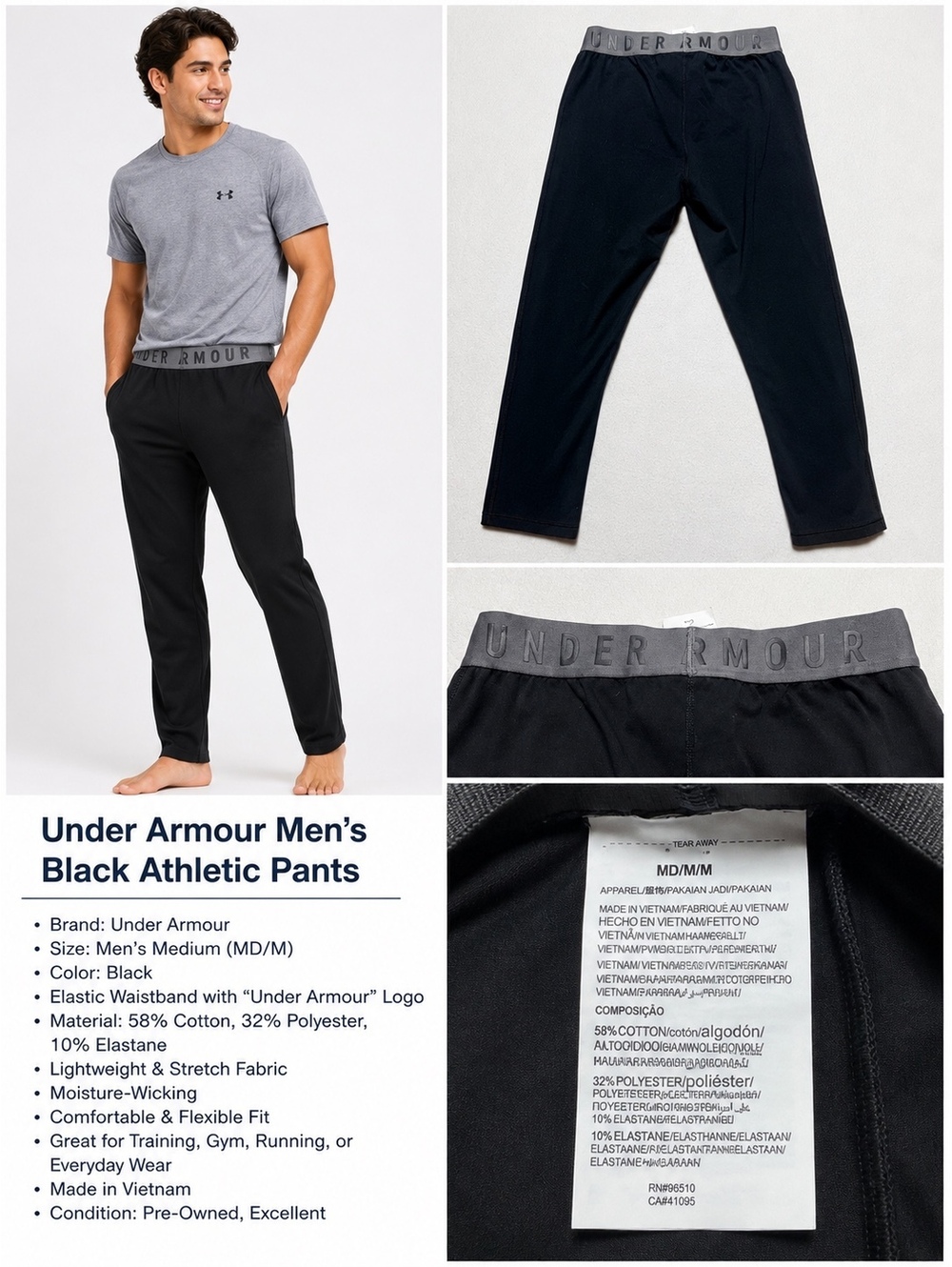 Under Armour Men’s Athletic Pants Size Medium Black Stretch Elastic Waist